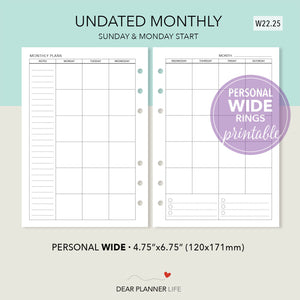 Undated Month on 2 pages (Personal WIDE) Printable PDF : W-22.25