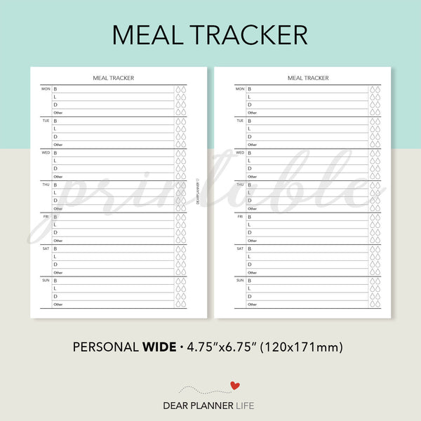 Meal/Food Tracker (Personal WIDE) Printable PDF : W23