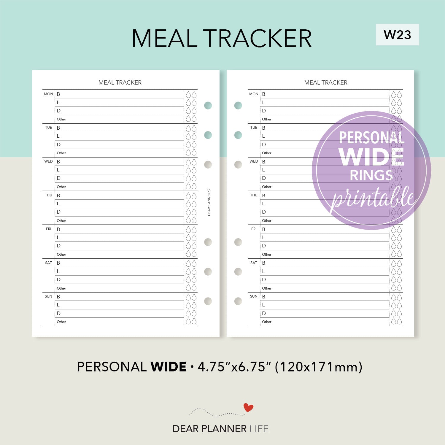 Meal/Food Tracker (Personal WIDE) Printable PDF : W23