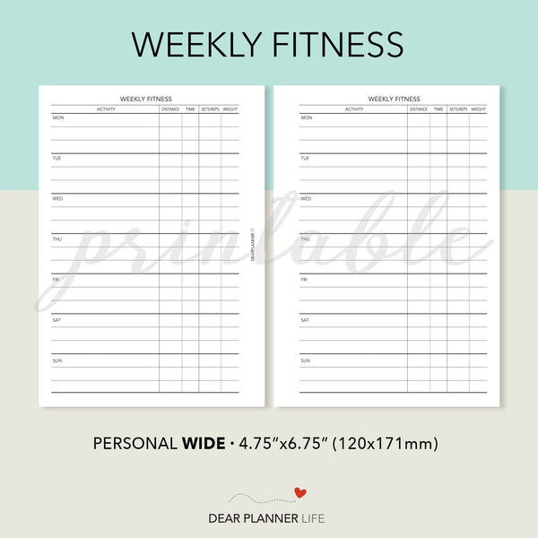 Weekly Fitness Tracker (Personal WIDE) Printable PDF : W24