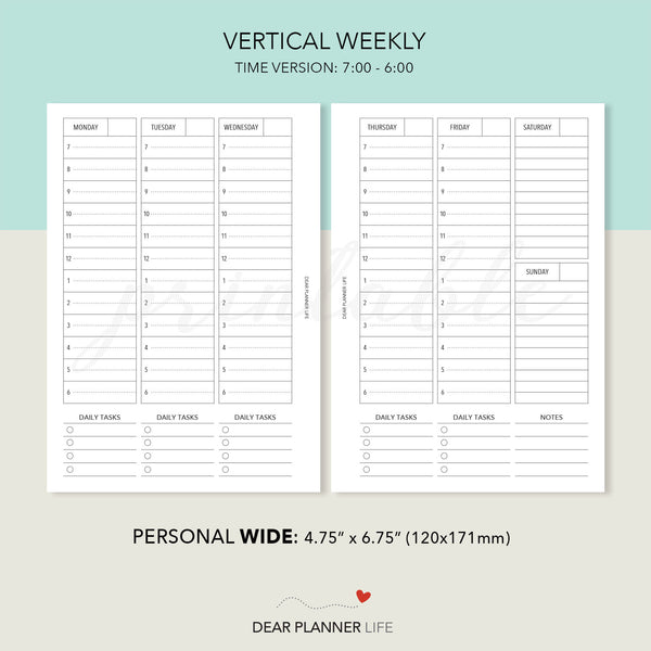 Vertical Week on 2 Pages (Pers WIDE) Printable PDF : W-26