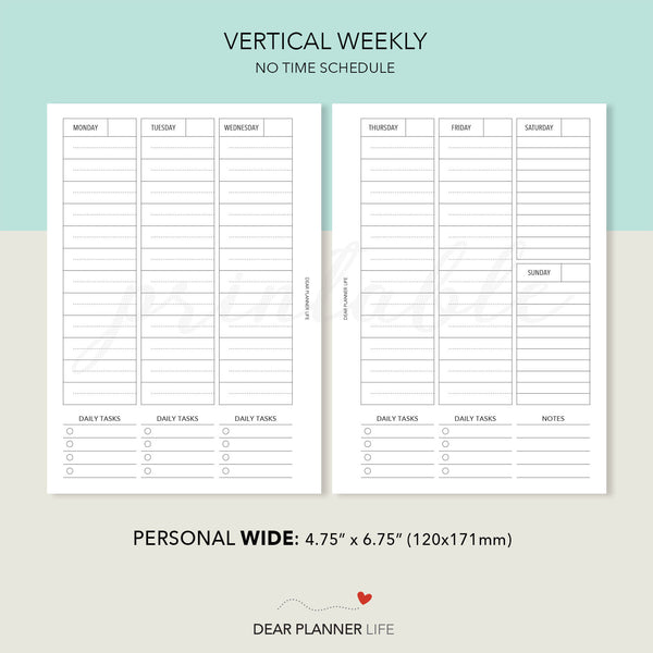 Vertical Week on 2 Pages (Pers WIDE) Printable PDF : W-26