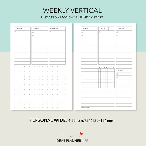 Vertical Half Boxes Week on 2 Pages (Pers WIDE) Printable PDF : W-27