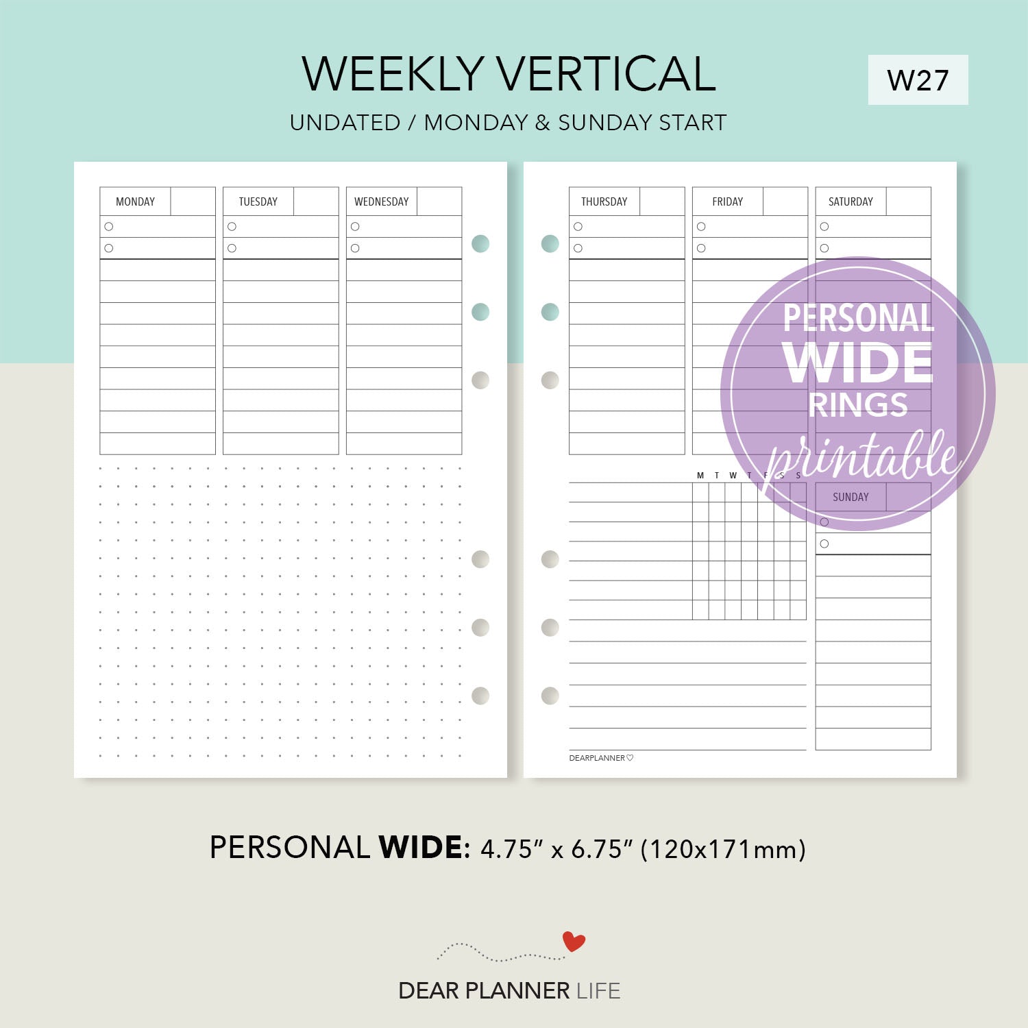 Vertical Half Boxes Week on 2 Pages (Pers WIDE) Printable PDF : W-27