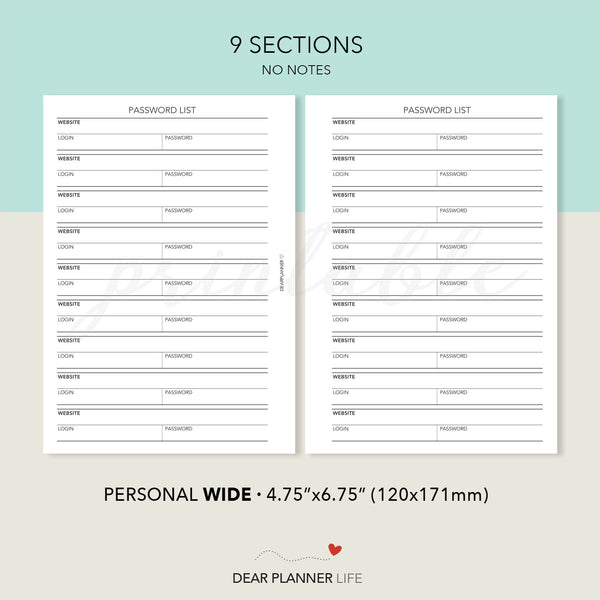 Password List (Personal WIDE) Printable PDF : W-28