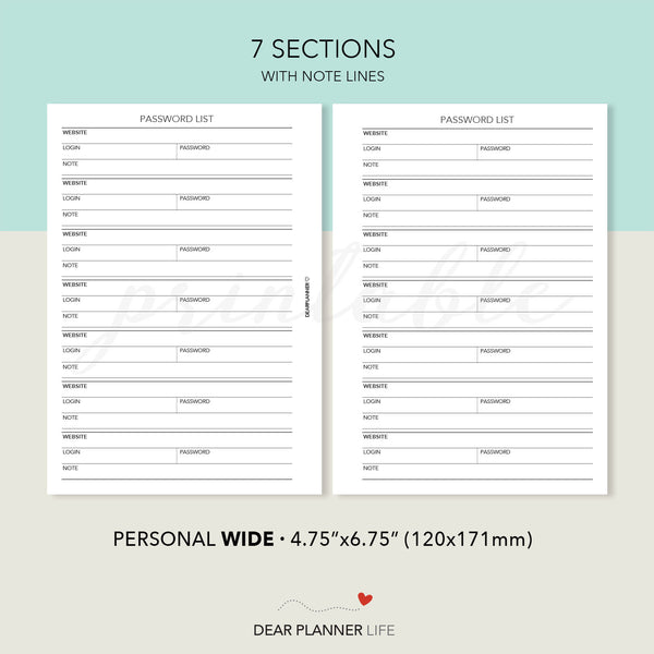 Password List (Personal WIDE) Printable PDF : W-28