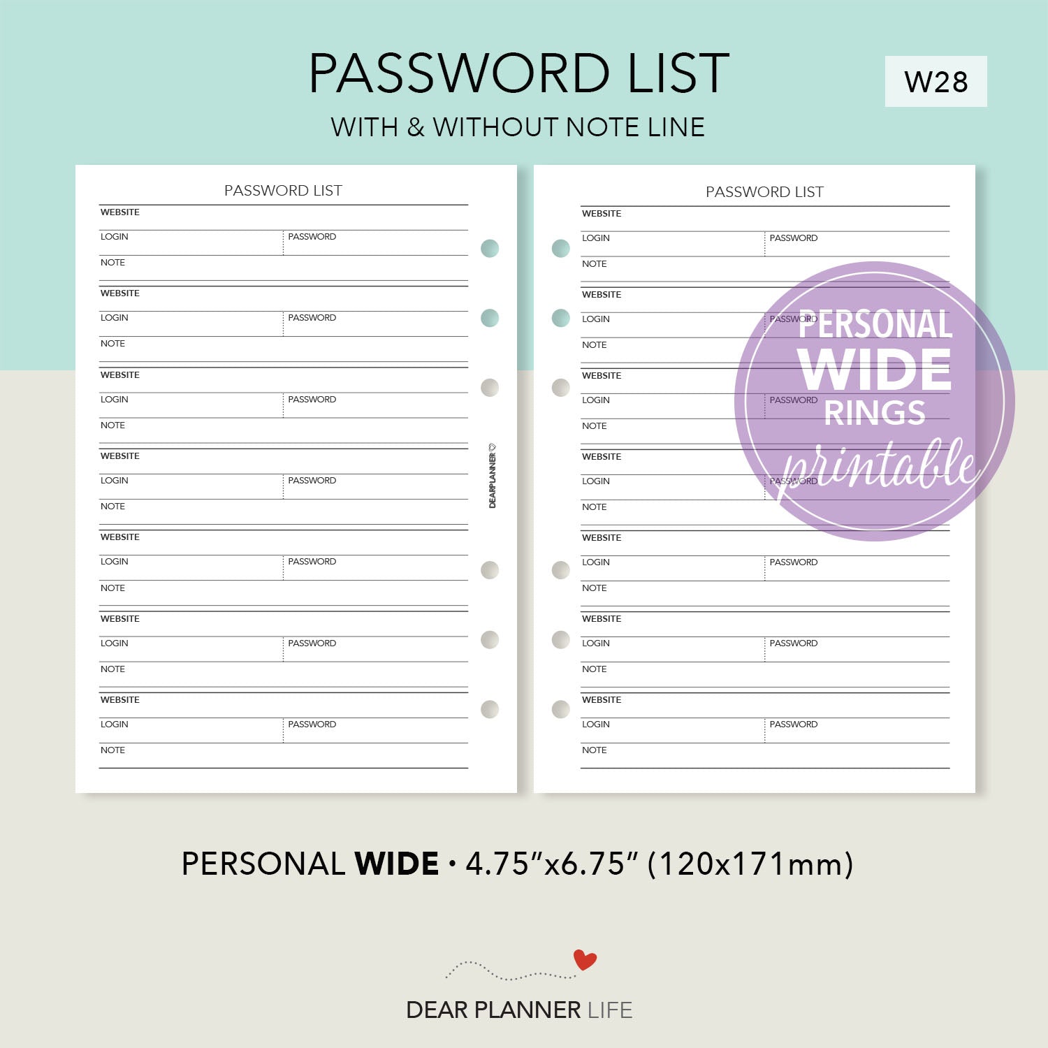 Password List (Personal WIDE) Printable PDF : W-28