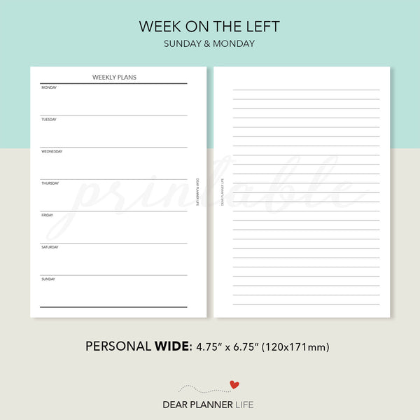 Simple Week on 1 Page, Undated (Personal WIDE) Printable PDF : W-31