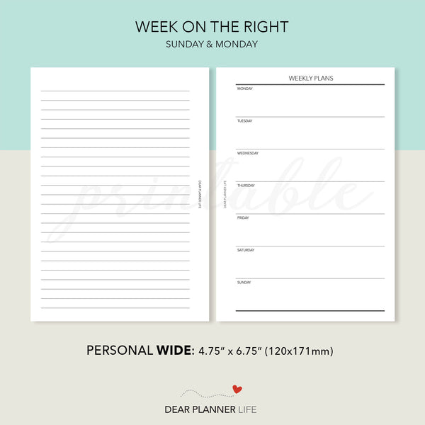 Simple Week on 1 Page, Undated (Personal WIDE) Printable PDF : W-31