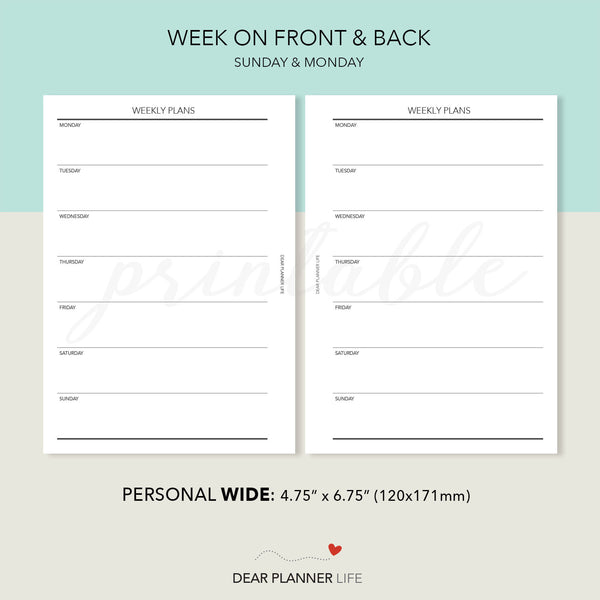 Simple Week on 1 Page, Undated (Personal WIDE) Printable PDF : W-31