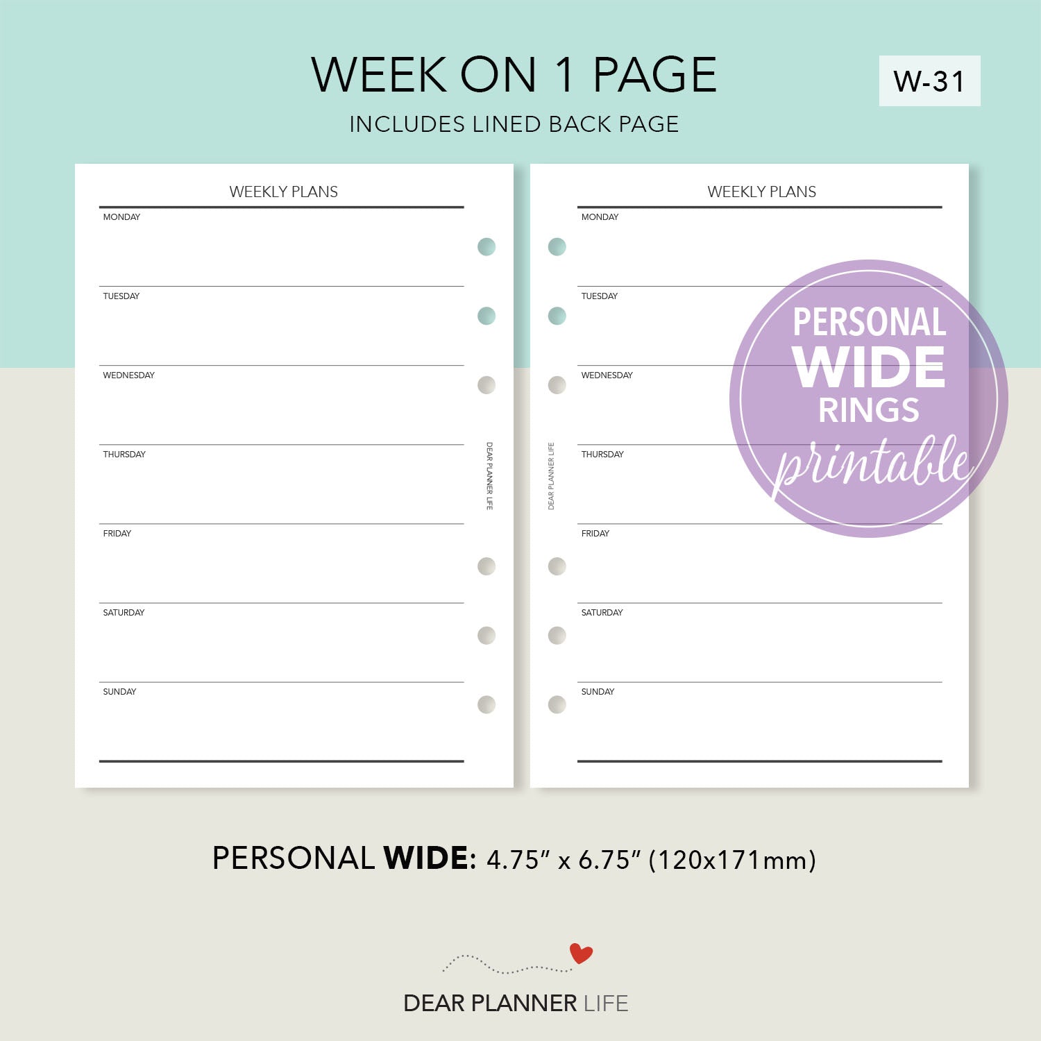 Simple Week on 1 Page, Undated (Personal WIDE) Printable PDF : W-31