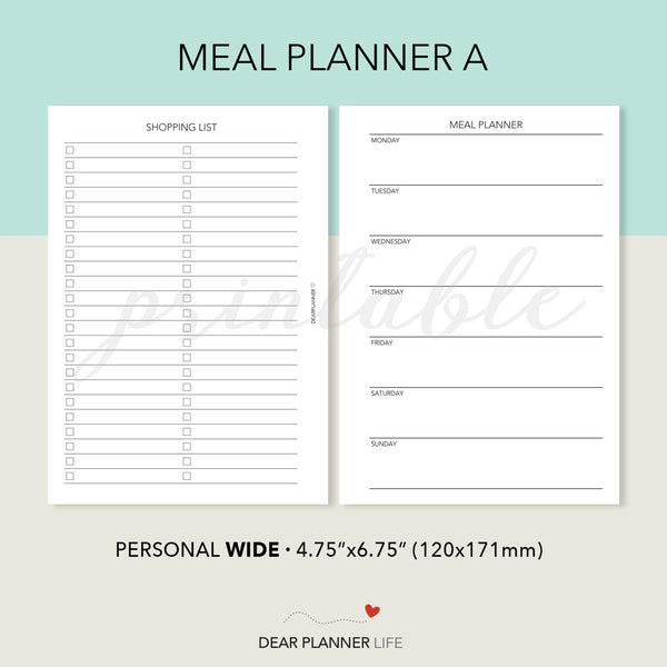 Meal Plans With Shopping List (Personal WIDE) Printable PDF : W32-A