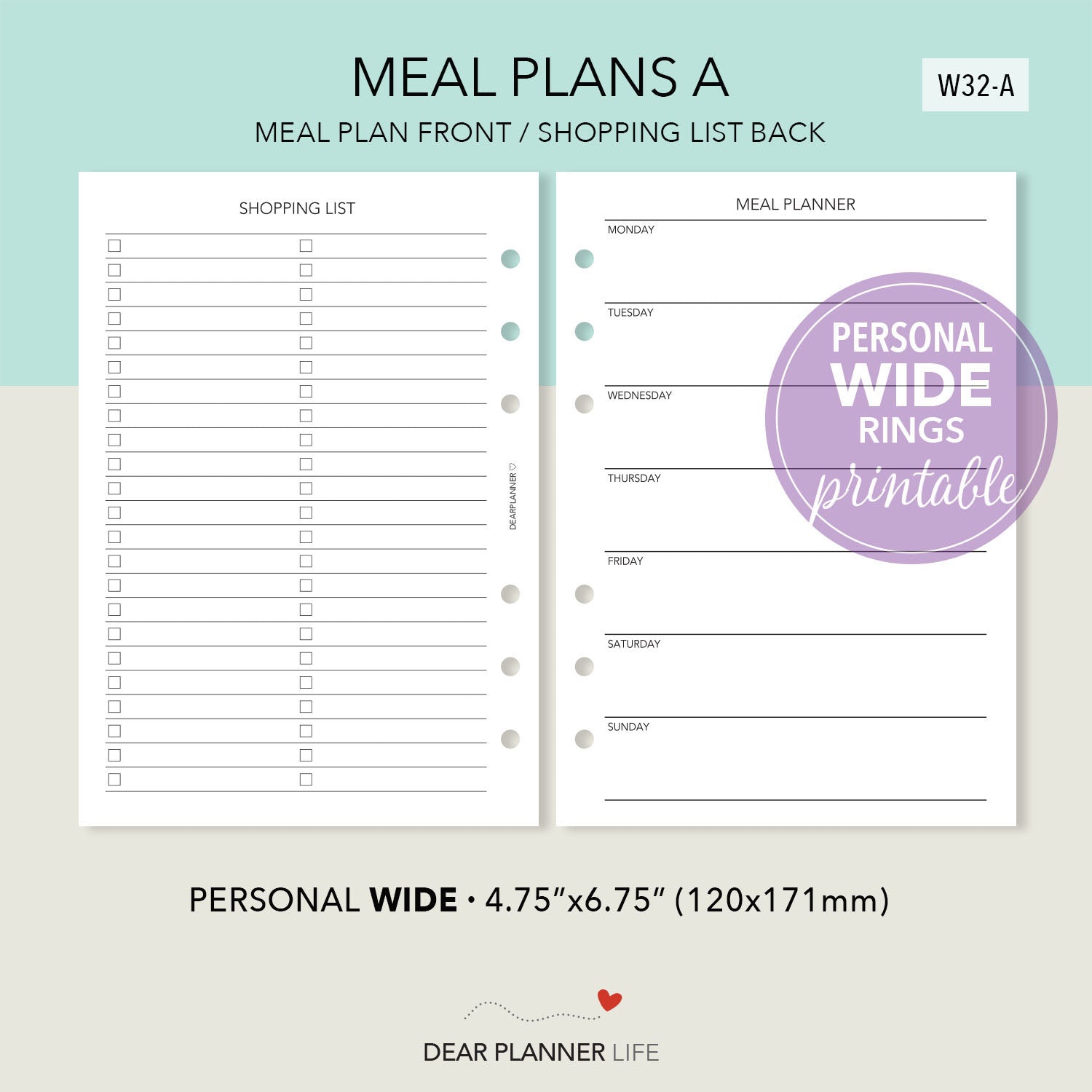 Meal Plans With Shopping List (Personal WIDE) Printable PDF : W32-A