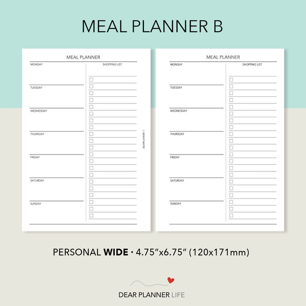 Meal Planning Page (Personal WIDE) Printable PDF : W32-B