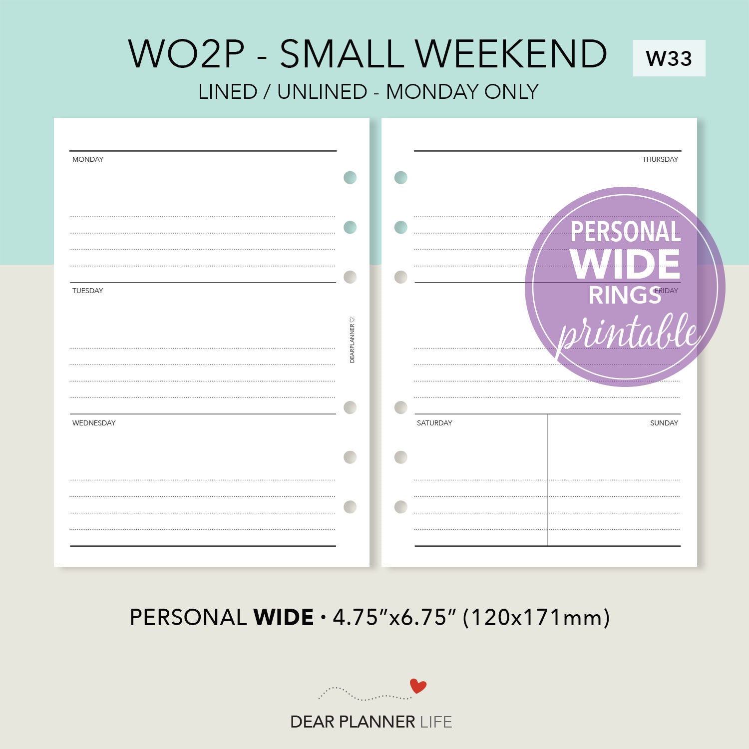 Small Weekend, Week on 2 Pages (Pers WIDE) Printable PDF : W-33