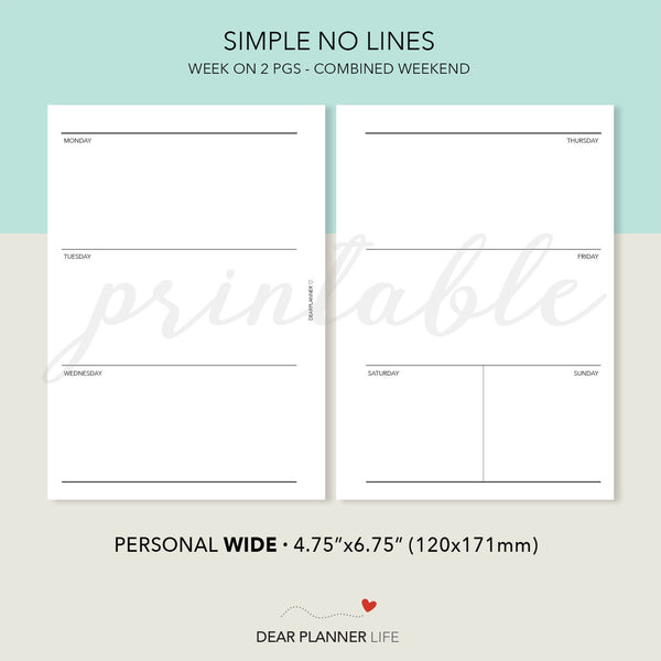 Small Weekend, Week on 2 Pages (Pers WIDE) Printable PDF : W-33