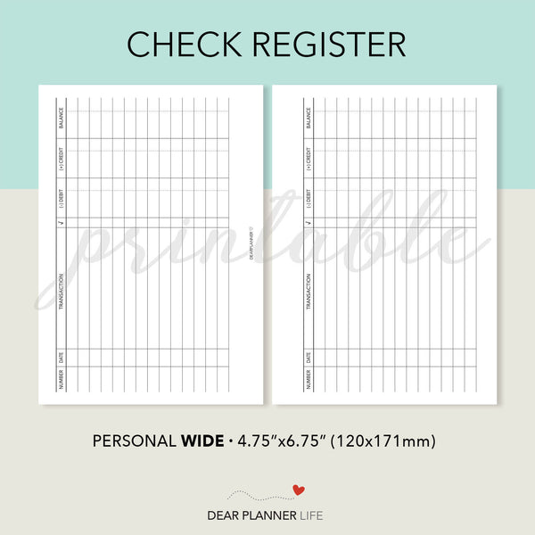 Check Register (Personal WIDE) Printable PDF : W35
