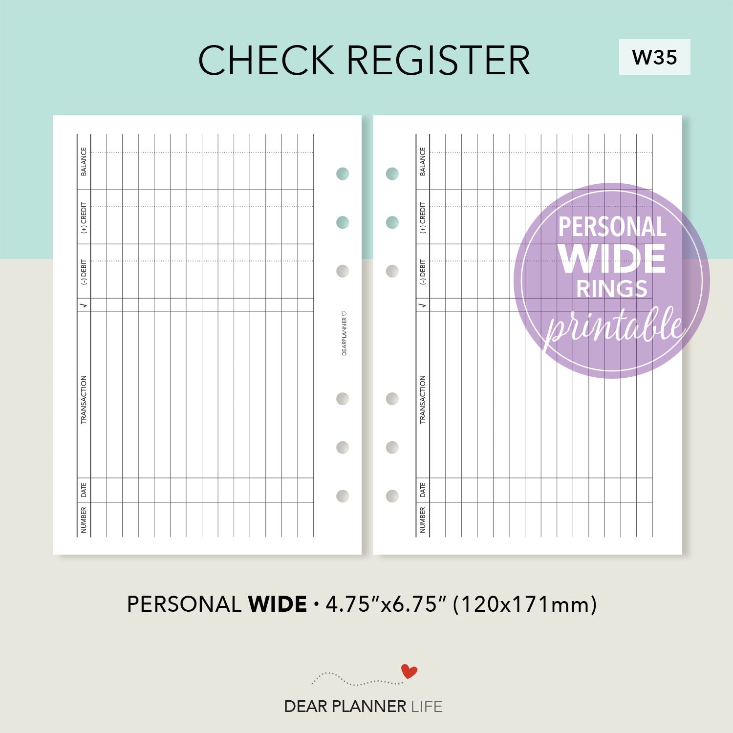 Check Register (Personal WIDE) Printable PDF : W35