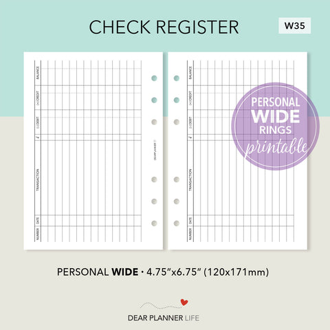 Check Register (Personal WIDE) Printable PDF : W35