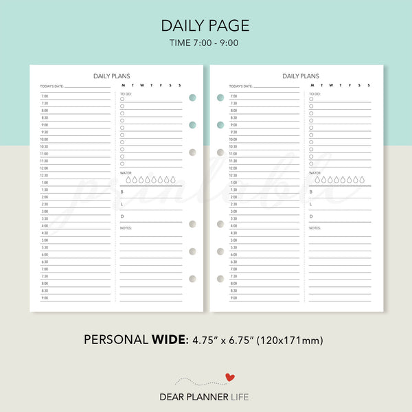 Daily Page with Hours (Personal WIDE) Printable PDF : W-36