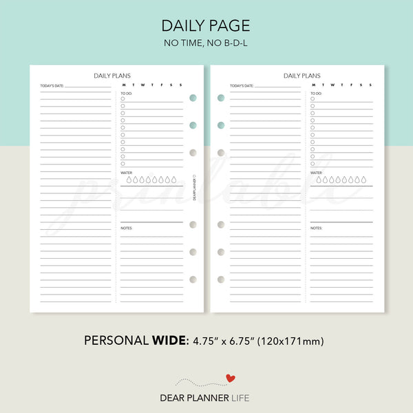 Daily Page with Hours (Personal WIDE) Printable PDF : W-36