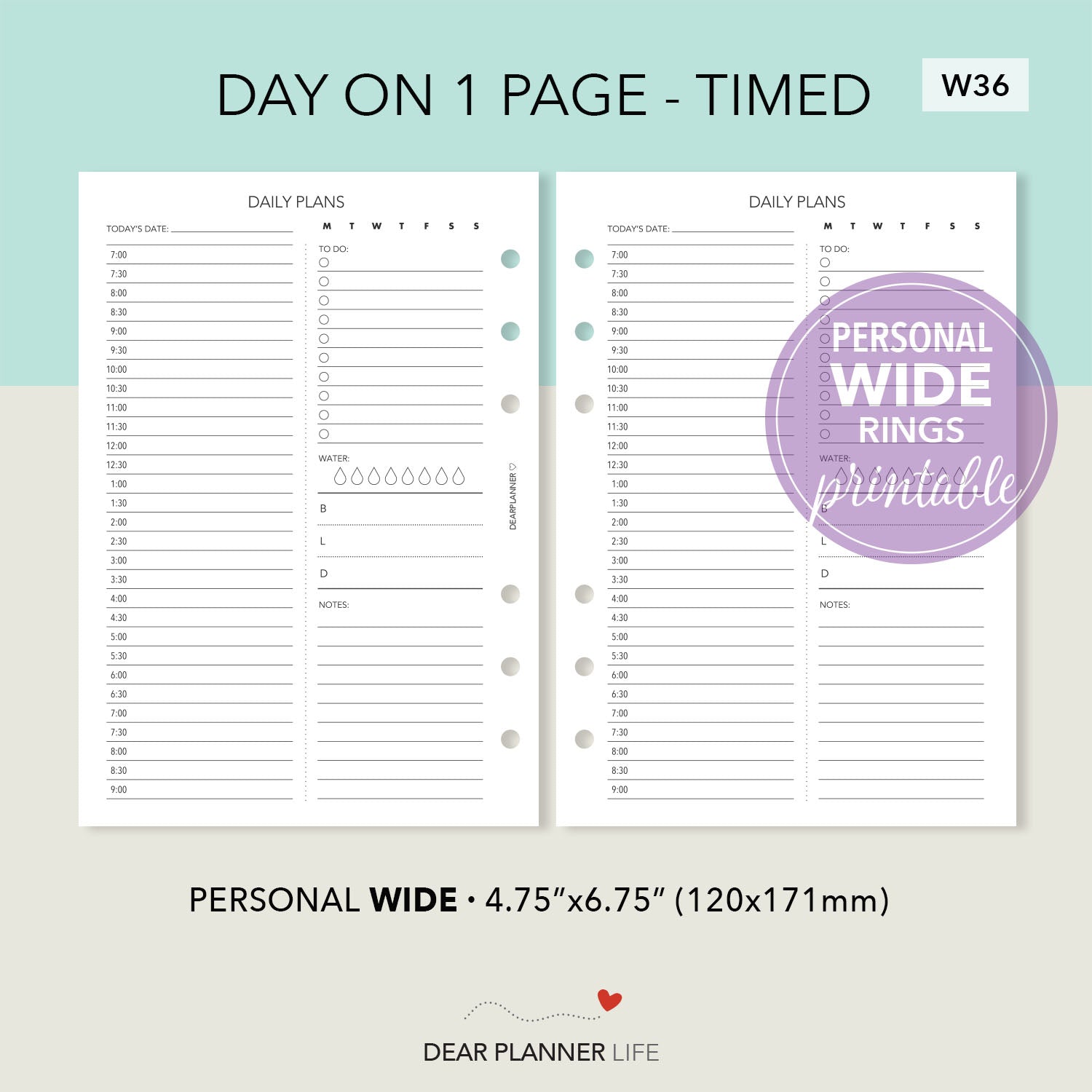 Daily Page with Hours (Personal WIDE) Printable PDF : W-36