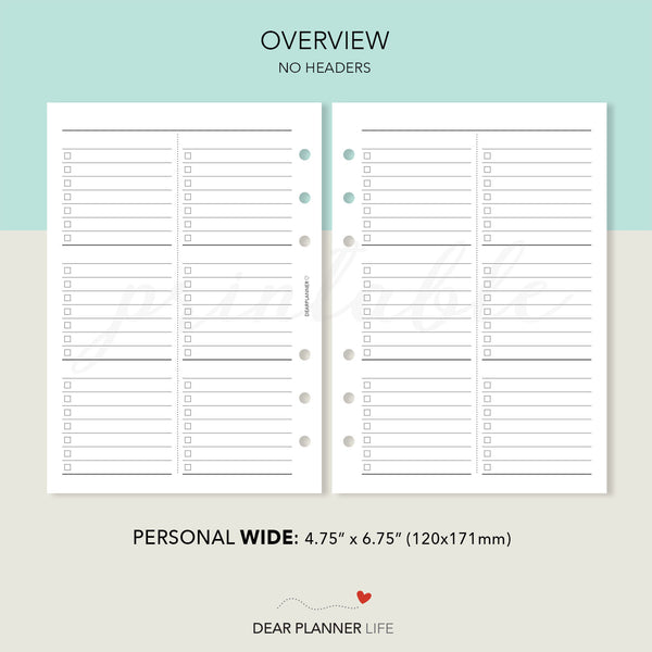 Year Overview (Personal WIDE) Printable PDF : W-38