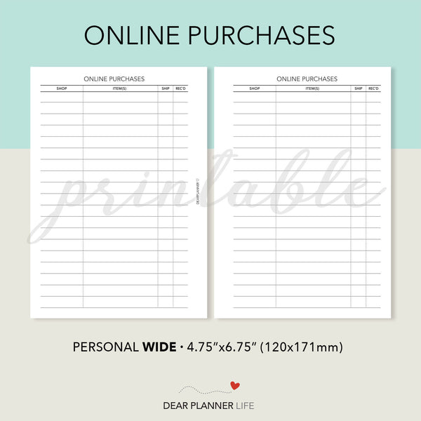 Online Purchases Tracker (Pers WIDE) Printable PDF : W39