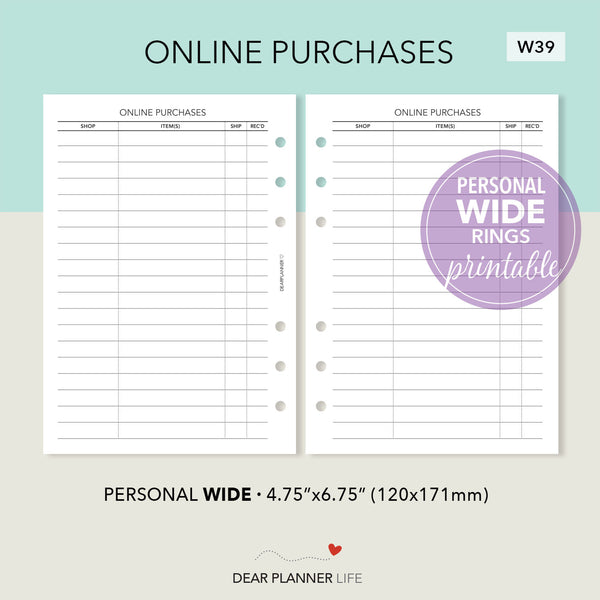 Online Purchases Tracker (Pers WIDE) Printable PDF : W39