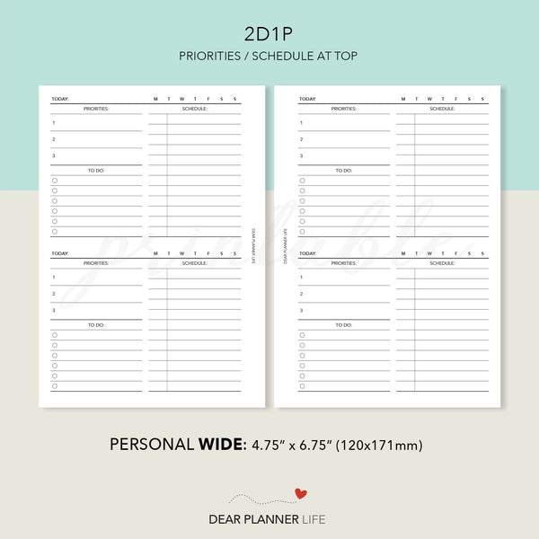 2 Days on 1 Page Schedule (Personal WIDE) Printable PDF : W-42