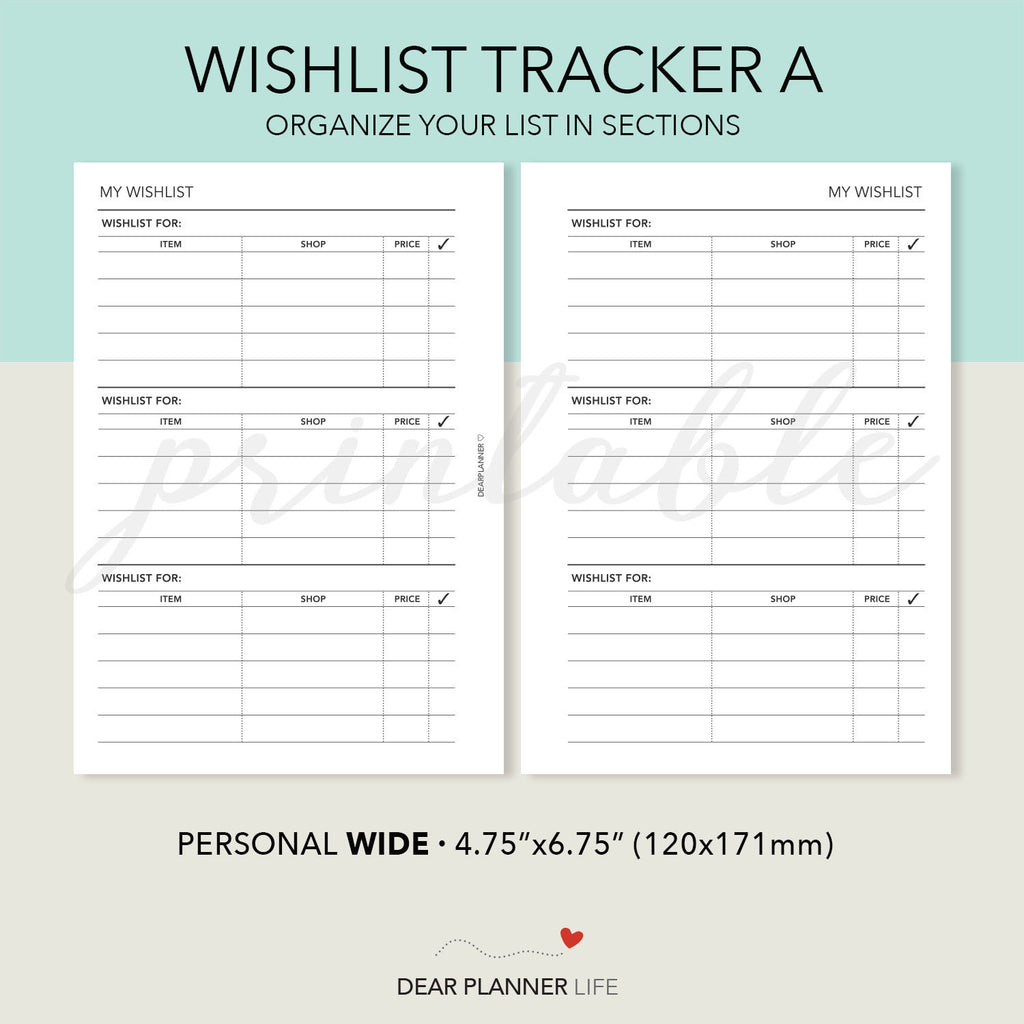 Category Wishlist (Personal WIDE) Printable PDF : W46-A – DearPlannerLife