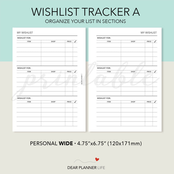 Category Wishlist (Personal WIDE) Printable PDF : W46-A