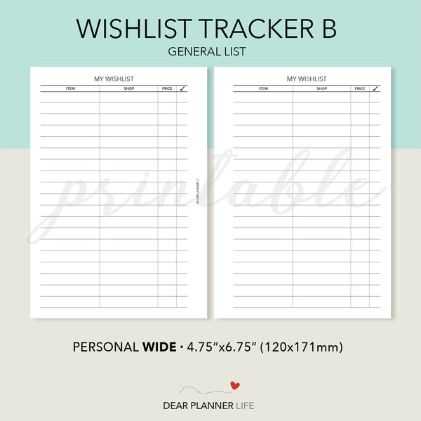 General Wishlist (Personal WIDE) Printable PDF : W46-B