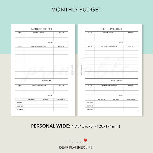 Monthly Budget (Personal WIDE) Printable PDF : W-47