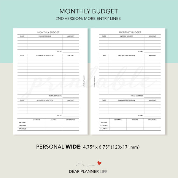 Monthly Budget (Personal WIDE) Printable PDF : W-47