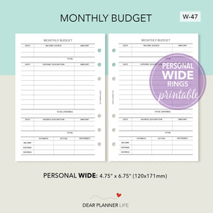 Monthly Budget (Personal WIDE) Printable PDF : W-47