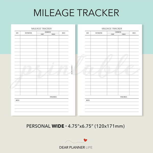 Mileage Tracker (Personal WIDE) Printable PDF : W49