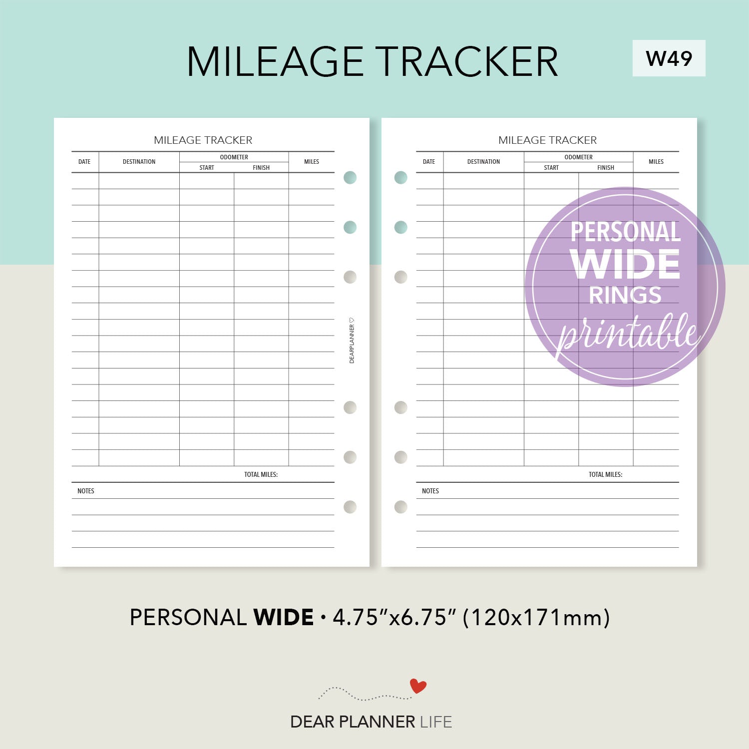 Mileage Tracker (Personal WIDE) Printable PDF : W49