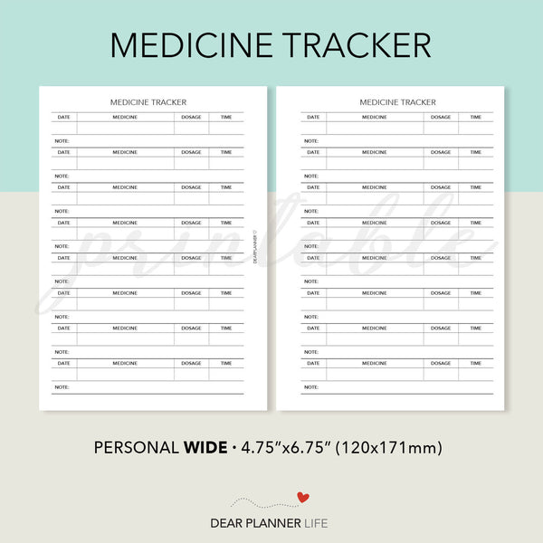 Medicine Tracker (Personal WIDE) Printable PDF : W50