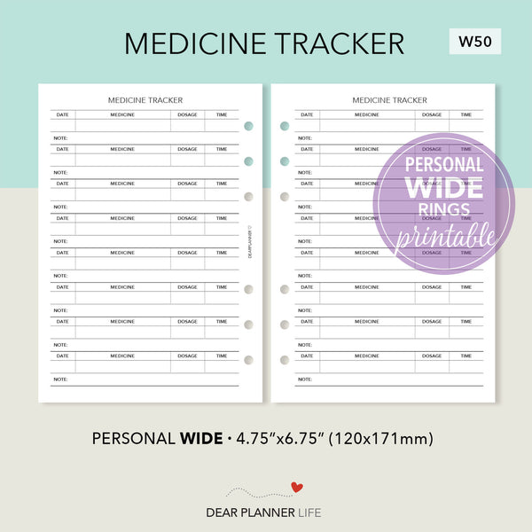 Medicine Tracker (Personal WIDE) Printable PDF : W50