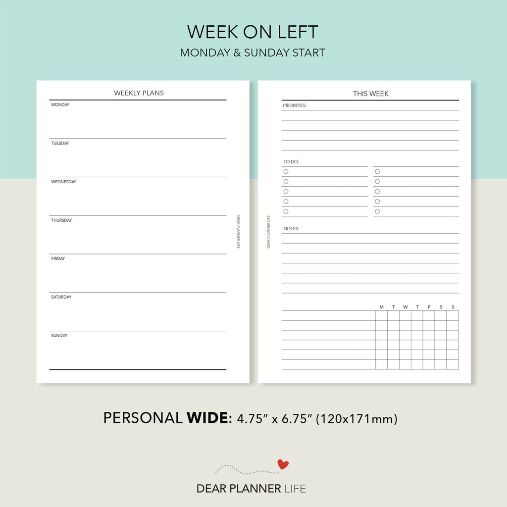 Undated Week Undated Week on 1 Page / Agenda (Personal WIDE) Printable PDF : W-51 ...