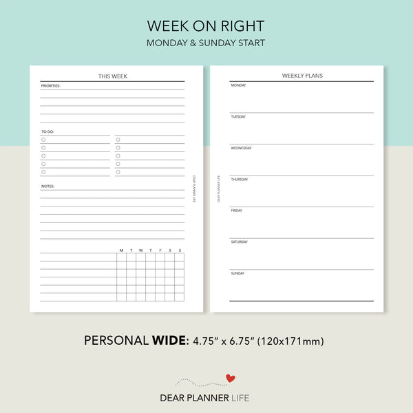 Undated Week on 1 Page / Agenda (Personal WIDE) Printable PDF : W-51