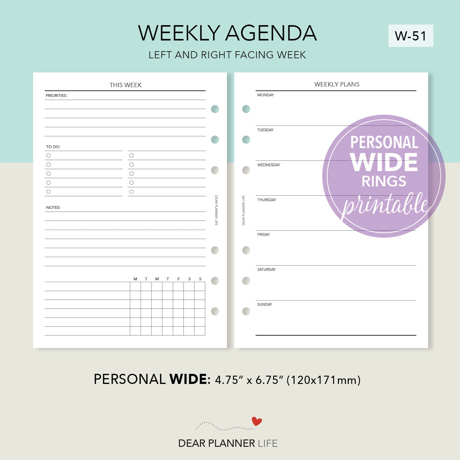 Undated Week on 1 Page / Agenda (Personal WIDE) Printable PDF : W-51