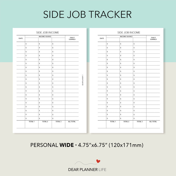 Side Job Tracker (Pers WIDE) Printable PDF : W53