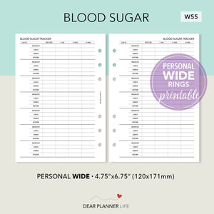 Blood Sugar Tracker (Pers WIDE) Printable PDF : W55