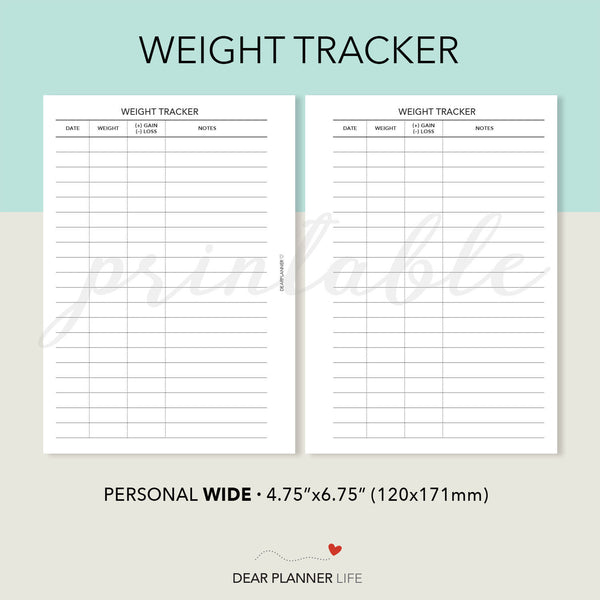 Weight Tracker (Personal WIDE) Printable PDF : W-56