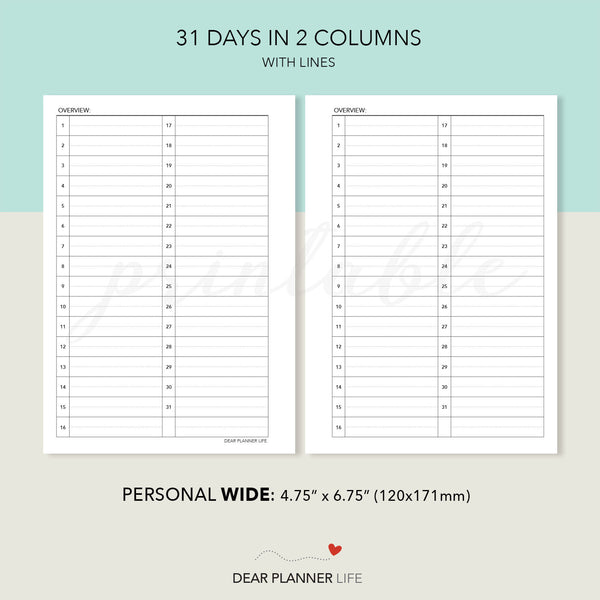 31-Day Monthly in List Format (Personal WIDE) Printable PDF : W-61