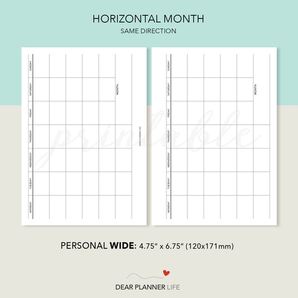 Horizontal Month on 1 Page Template (Personal WIDE) Printable PDF : W-62