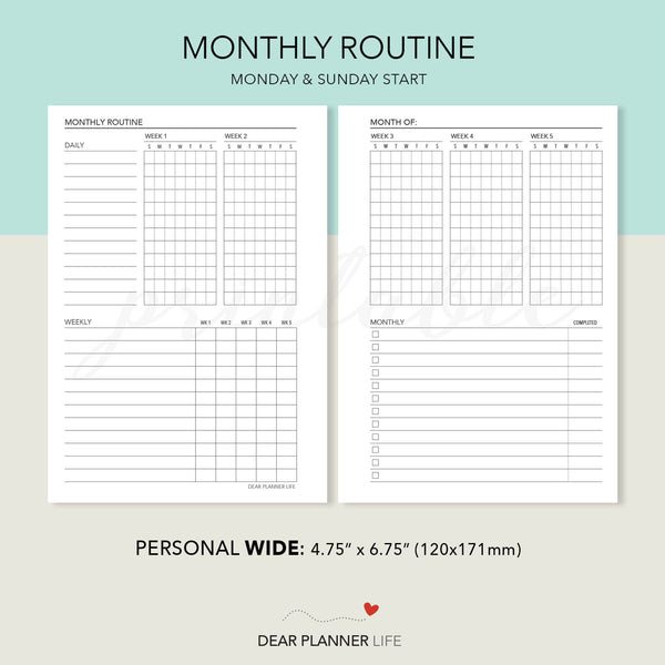 Monthly Routine Tracker (Personal WIDE) Printable PDF : W-63