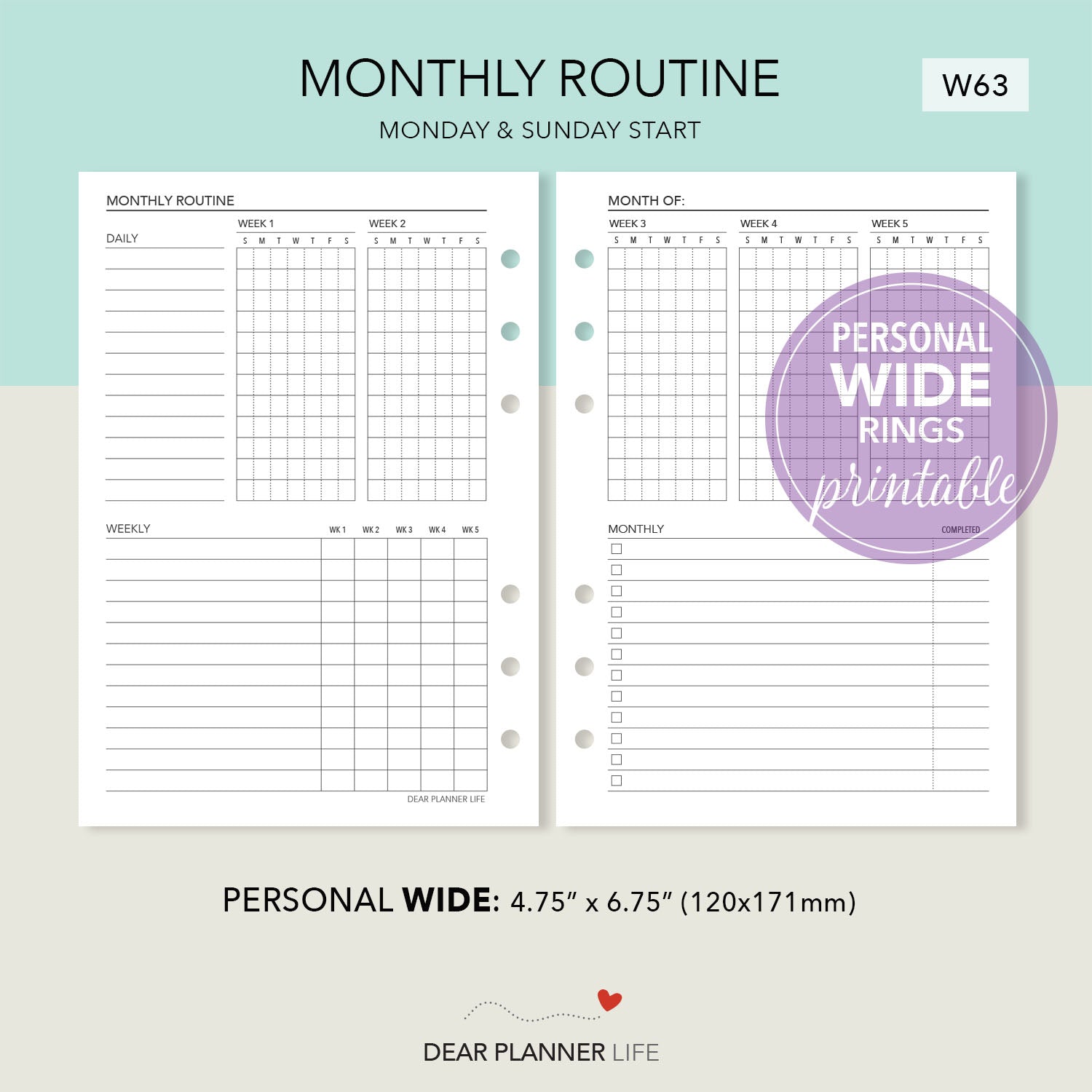 Monthly Routine Tracker (Personal WIDE) Printable PDF : W-63